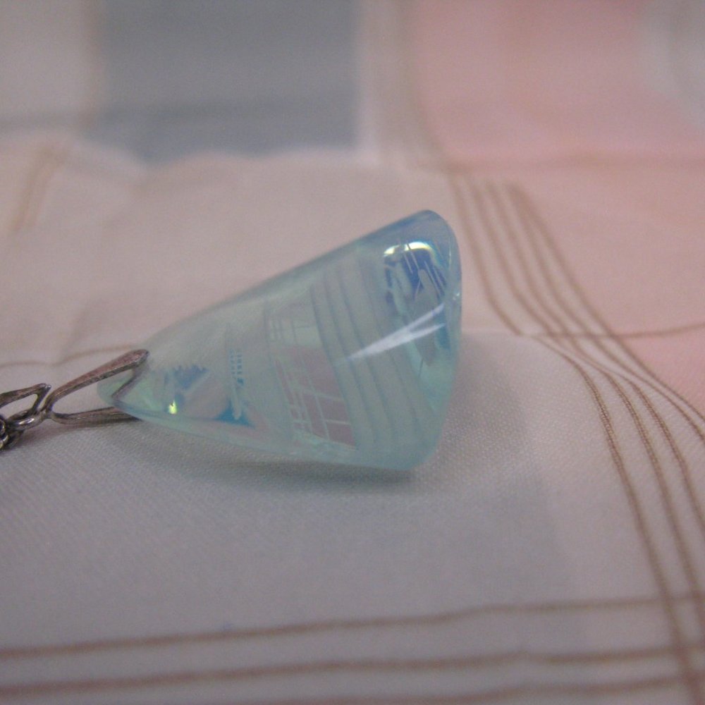 Vintage Moonstone Glass Reverse Carved Pendant Sterling Silver Necklace Japan - Picture 7 of 8